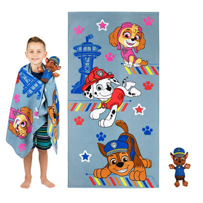 PAW Patrol Kids Chase Towel and Character Scrubby Set, Gray, Nickelodeon