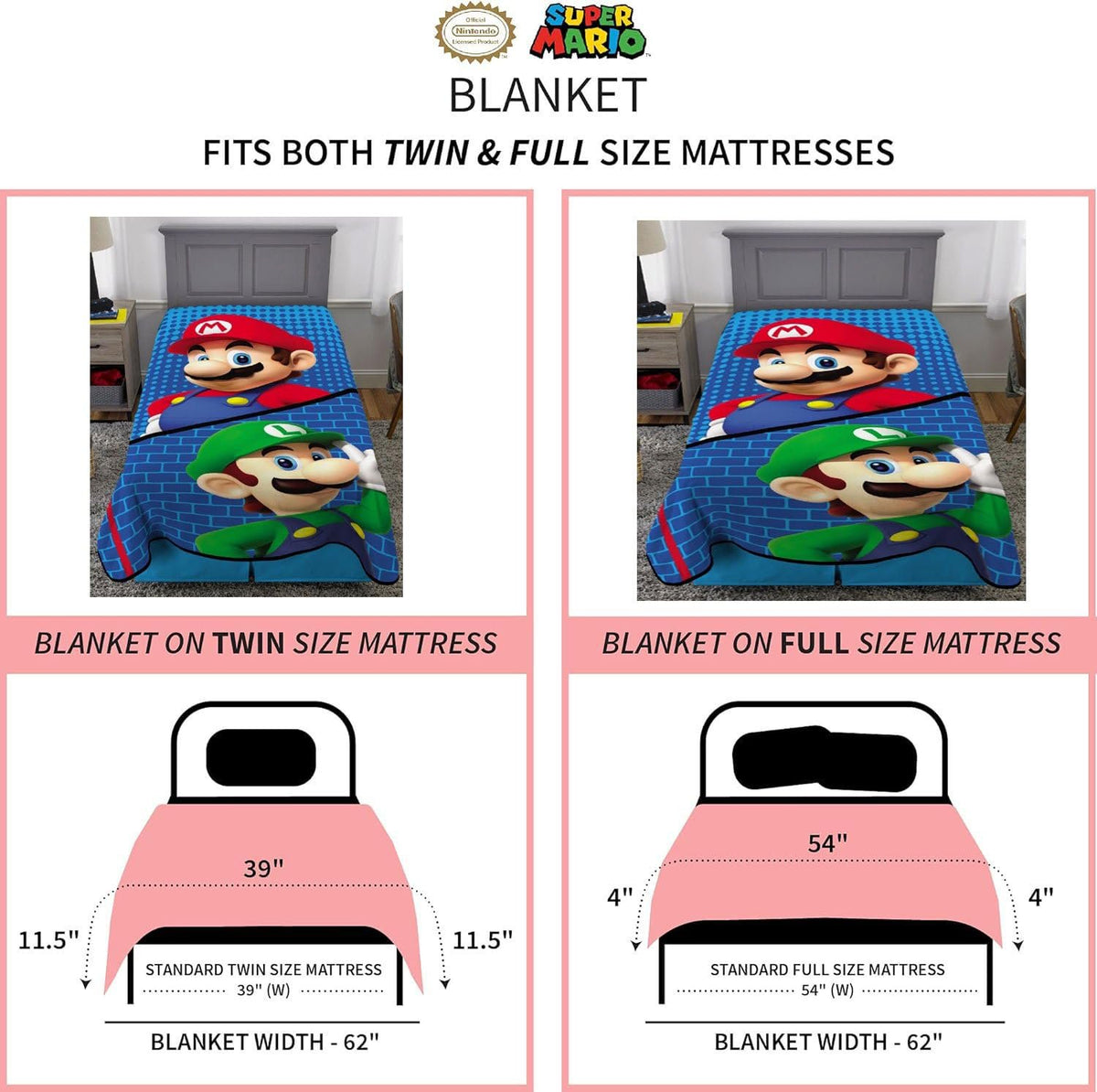 Franco Kids Bedding Super Mario Plush Micro Raschel Twin Size Blanket, 62 in x 90 in