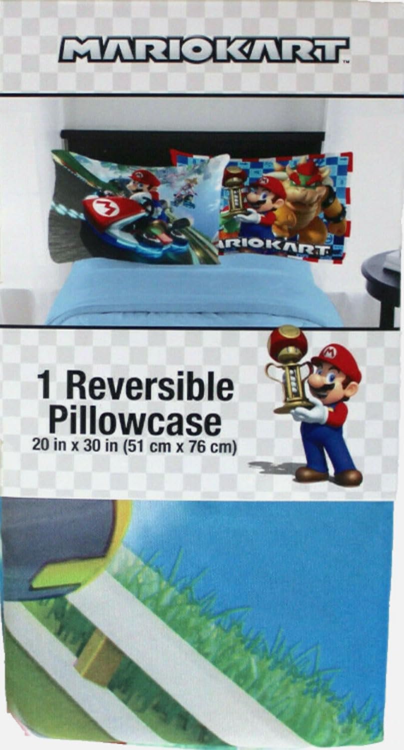 Franco Kids MarioKart Race Super Mario Reversible Pillowcase, 20 in x 30 in