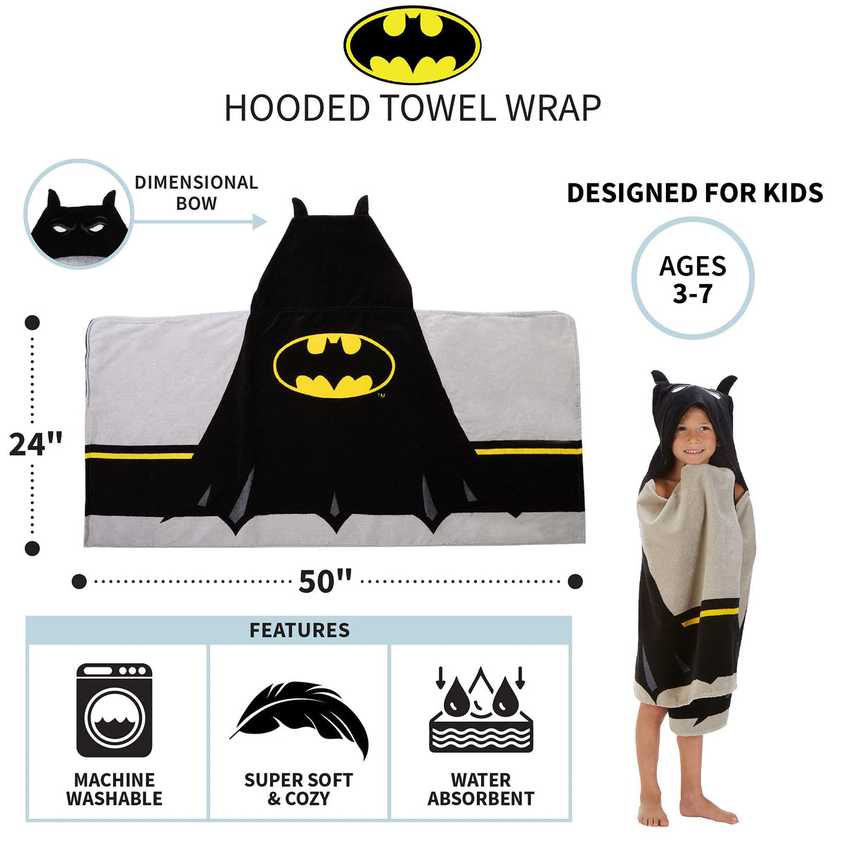Batman Kids Bath/Pool/Beach Cotton Terry Hooded Towel Wrap, 24" x 50"