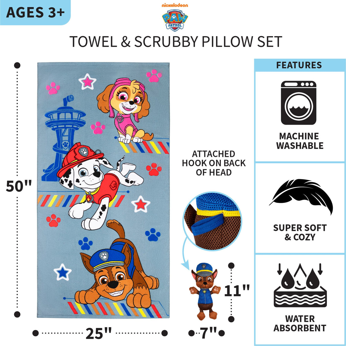 PAW Patrol Kids Chase Towel and Character Scrubby Set, Gray, Nickelodeon