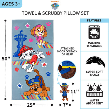 PAW Patrol Kids Chase Towel and Character Scrubby Set, Gray, Nickelodeon