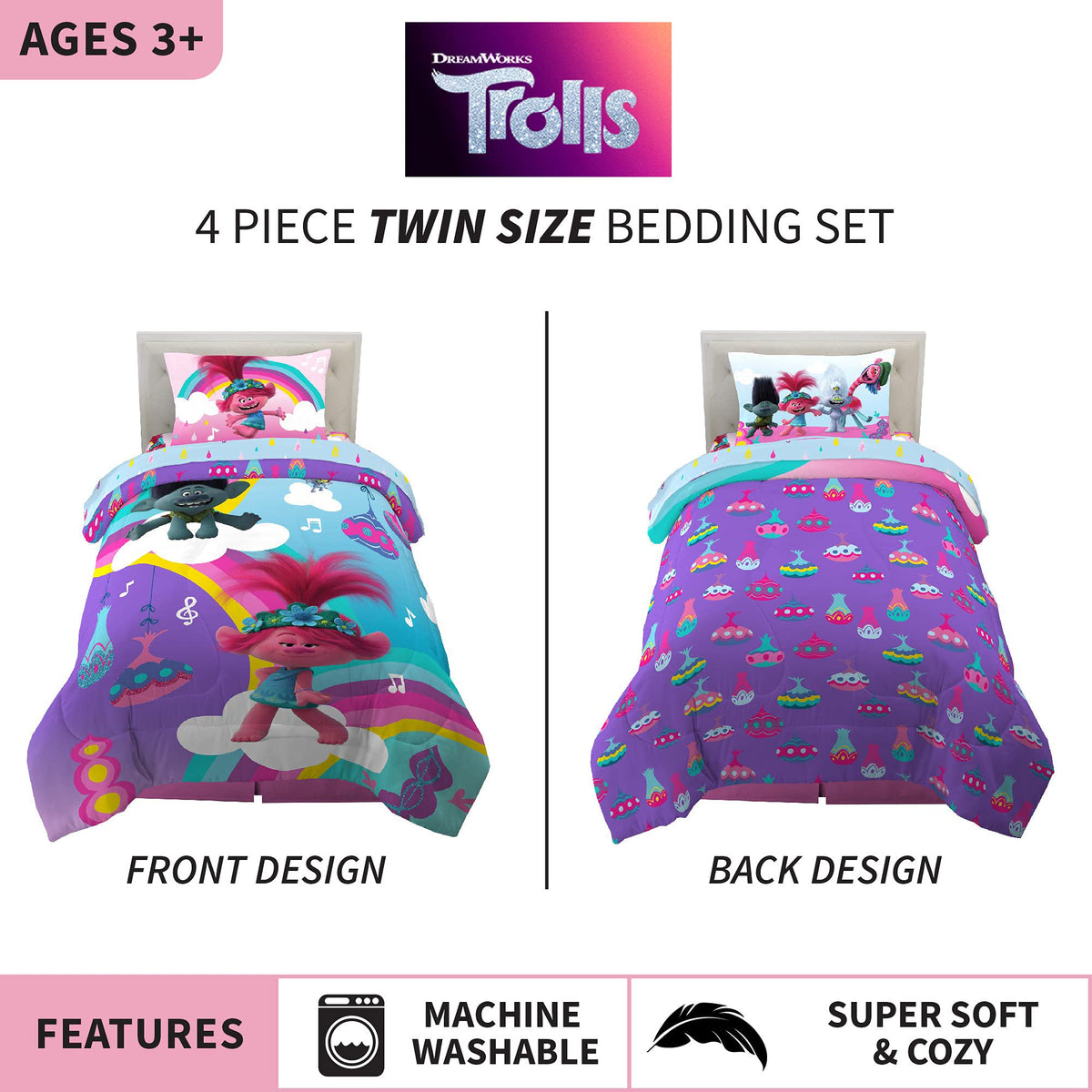 Franco Kids Bedding Trolls World Tour Twin Comforter & Sheet Set, 4 Piece Set