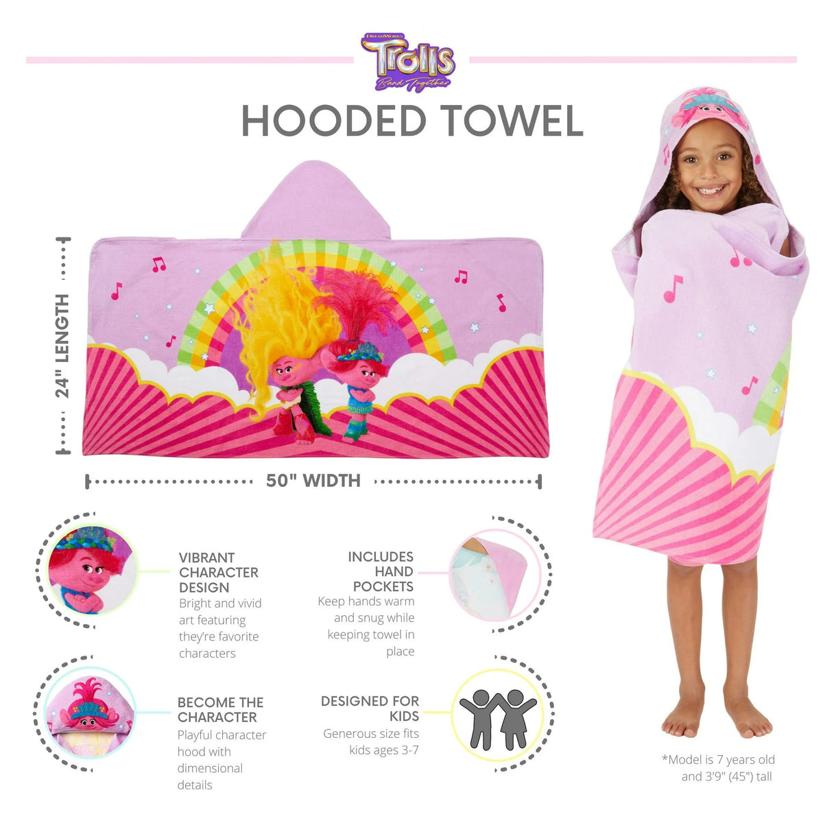 Franco Kids Trolls Bath and Beach Cotton Terry Hooded Towel Wrap, 24 in x 50 in