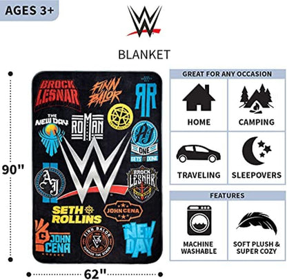 WWE Logo Mania Super Soft Plush Micro Raschel Blanket, 62 in x 90 in