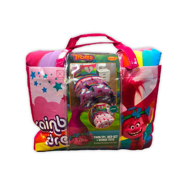 DreamWorks Trolls 5 Piece Twin Bedding Set, with Bonus Tote