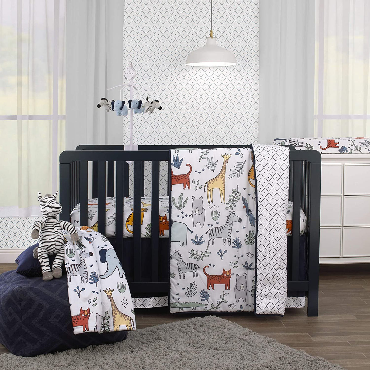 Carter's Safari Party 4 Piece Crib Bedding Set - Comforter, Fitted Sheet, Dust Ruffle & Baby Blanket