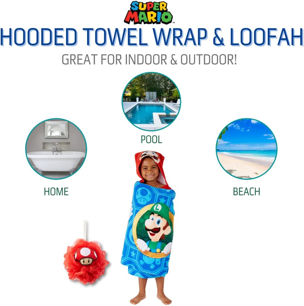 Franco Super Mario Kids Bath/Pool/Beach Soft Cotton Terry Hooded Towel Wrap and loofah Set, 24 in x 50 in