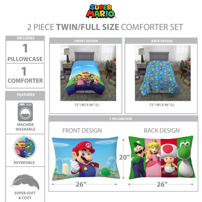 Franco Super Mario Kids Twin/Full Comforter and Pillowcase, 2-Piece Set