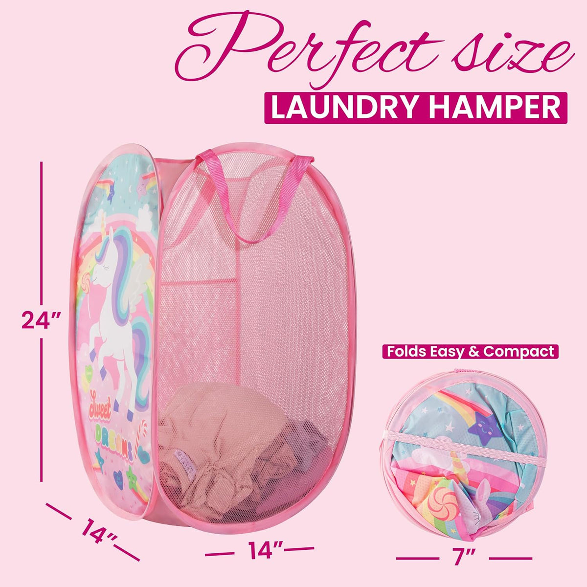 Todays Kids Collapsible Mesh Pop-Up Laundry Hamper - Foldable Laundry Basket with Breathable Mesh, Reinforced Handles and Side Pocket