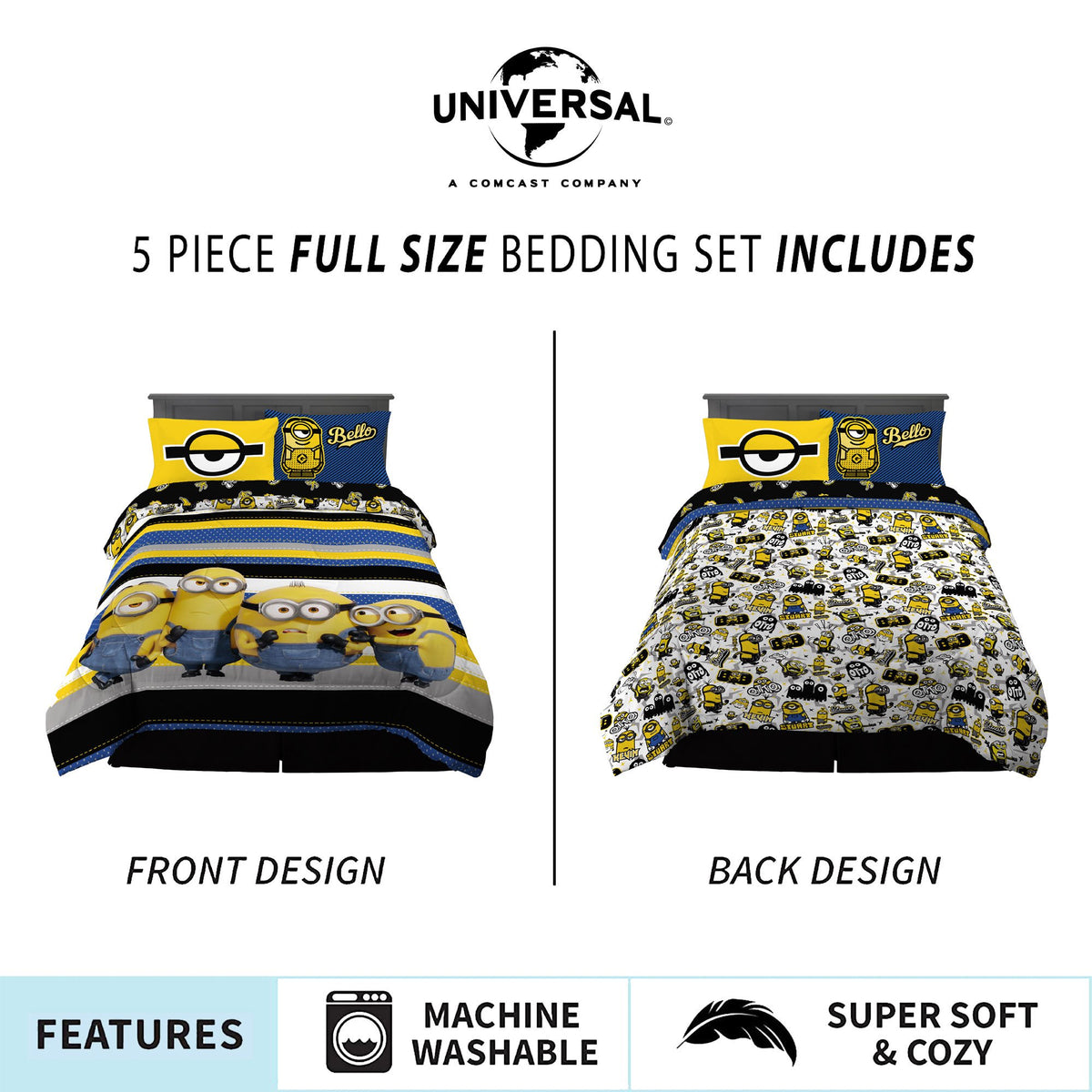 Minions The Rise Of Gru Kids Bedding Super Soft 5 Piece Full Size Comforter & Sheet Set