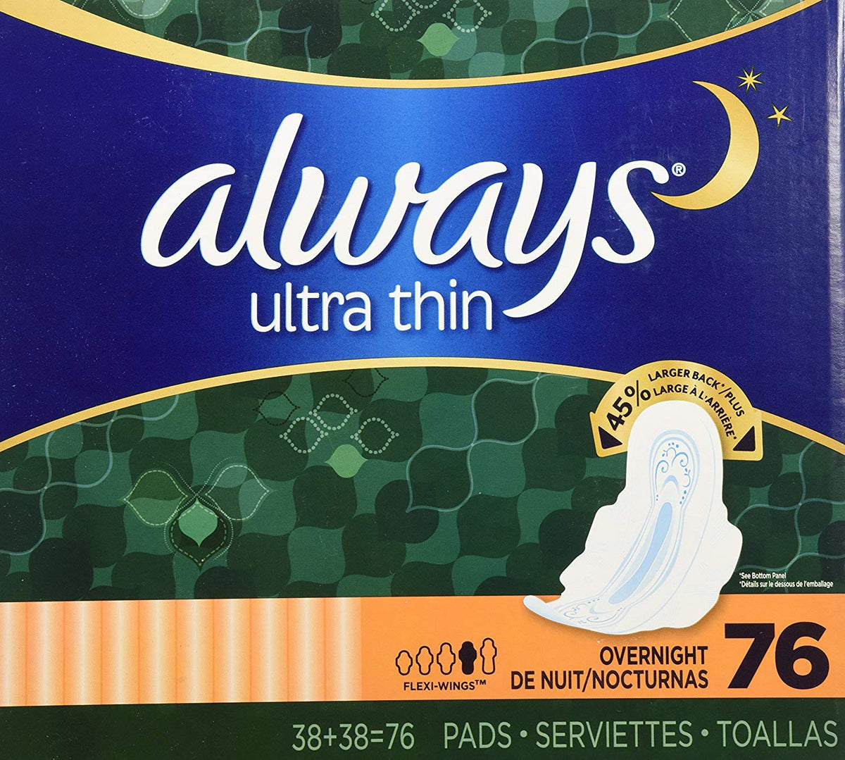 Always Ultra Thin Overnight Pads With Wings, Unscented, 76 Count