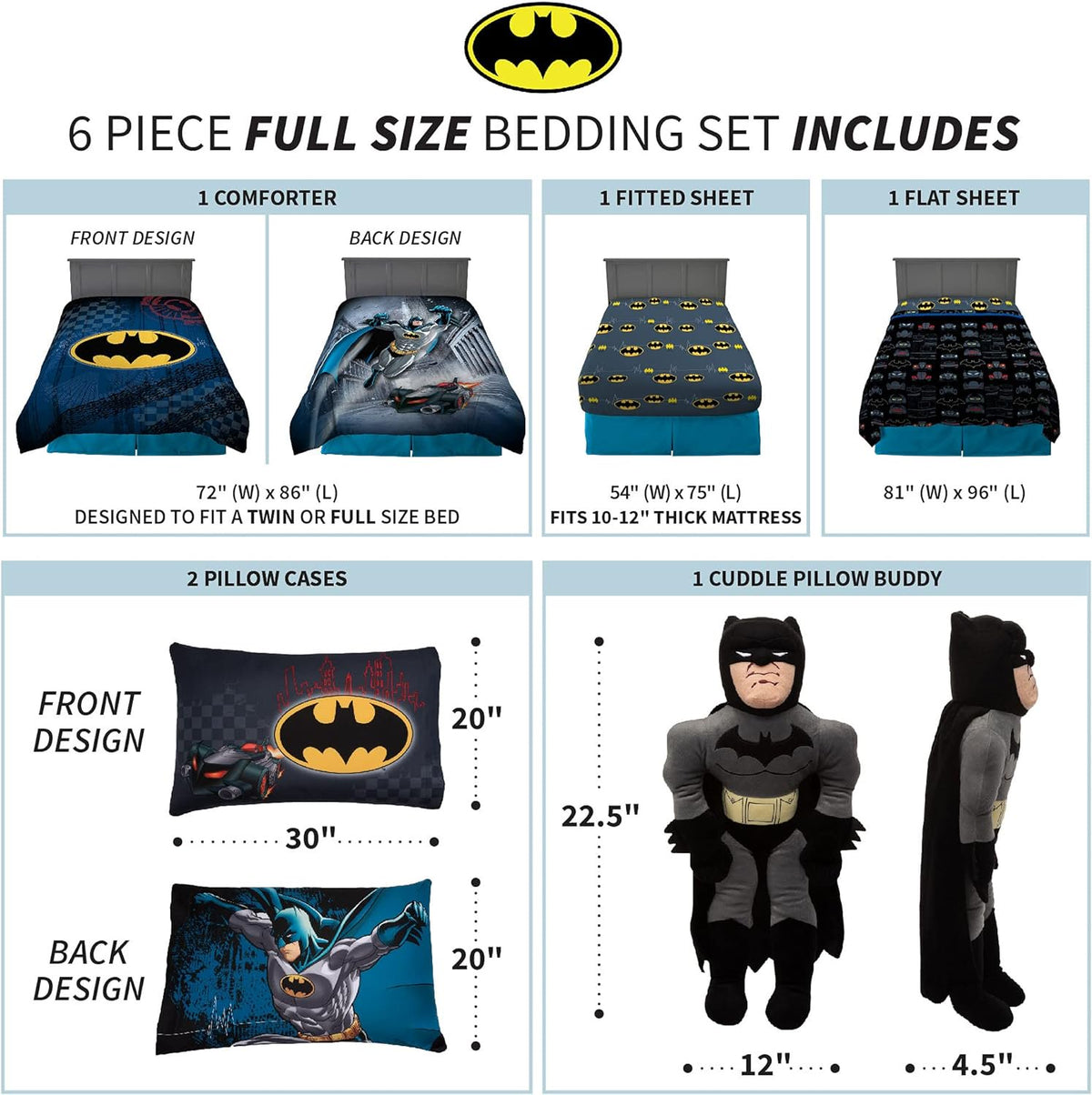 Batman 6 Piece Full Size Comforter with Sheets and Cuddle Pillow