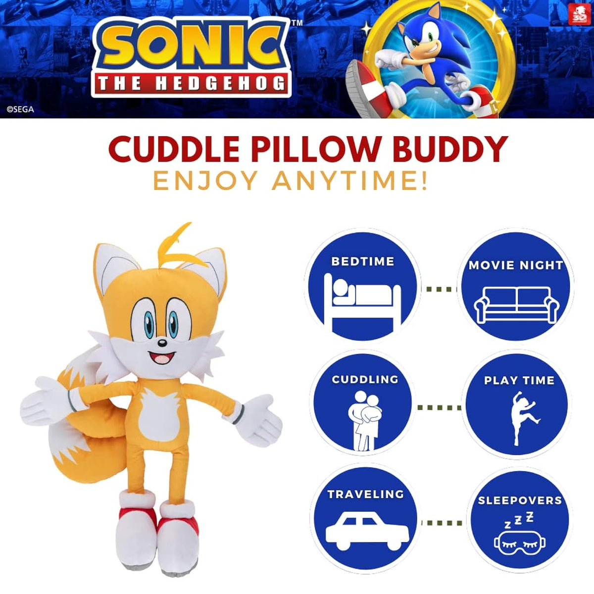 Franco Sonic The Hedgehog Tails, Anime, Super Soft Plush Kids Cuddle Pillow Buddy