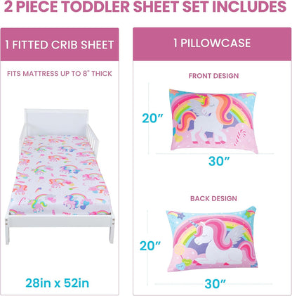 Todays Kids 2-Piece Unicorn Bedding Toddler Sheet Set - Breathable 100% Soft Brushed Microfiber Polyester, Standard Size Crib Sheet Set - Gentle on Delicate Skin - Fitted Toddler Sheets & Pillowcase
