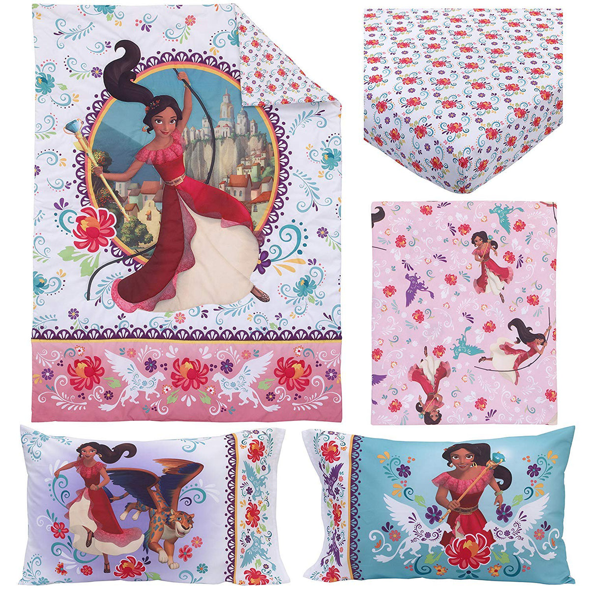 Disney Elena of Avalor Bold and Brave 4 Piece Toddler Bedding Set, Pink/Red/Turquoise/White