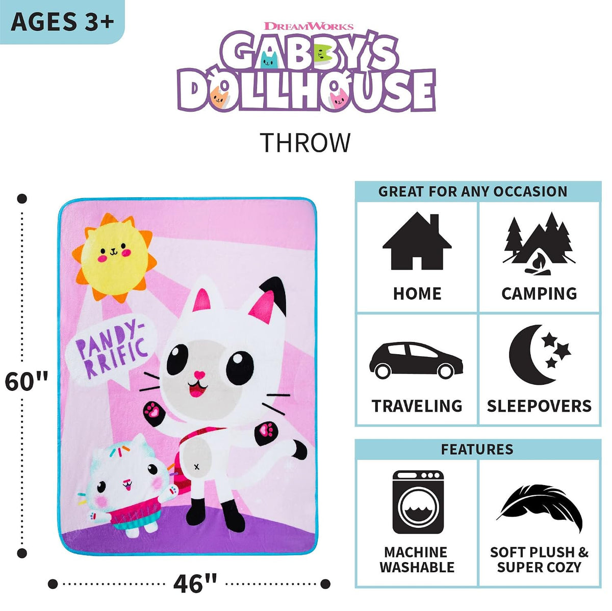 Franco Kids Gabby's Dollhouse Cakey And Pandy Micro Raschel Throw, 46 in x 60 in