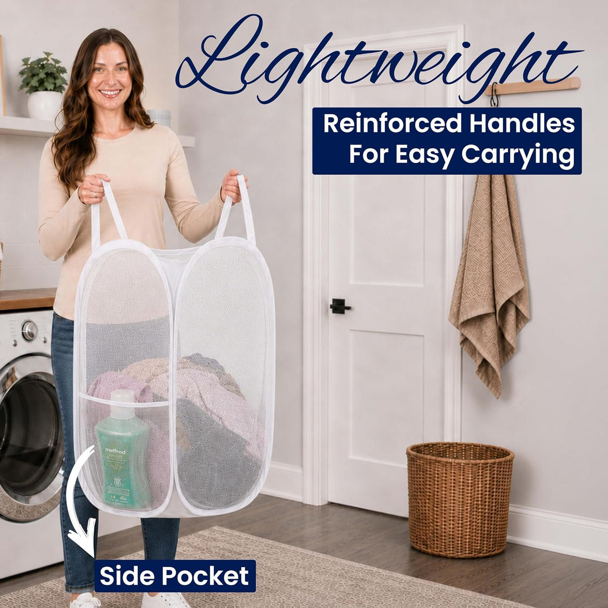 Todays Kids Collapsible Mesh Pop-Up Laundry Hamper - Foldable Laundry Basket with Breathable Mesh, Reinforced Handles and Side Pocket