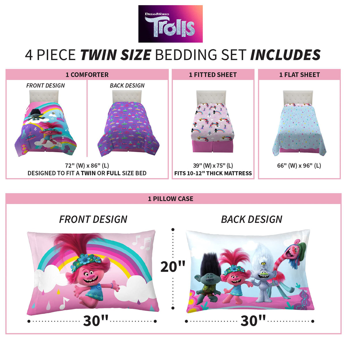 Franco Kids Bedding Trolls World Tour Twin Comforter & Sheet Set, 4 Piece Set