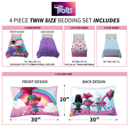 Franco Kids Bedding Trolls World Tour Twin Comforter & Sheet Set, 4 Piece Set