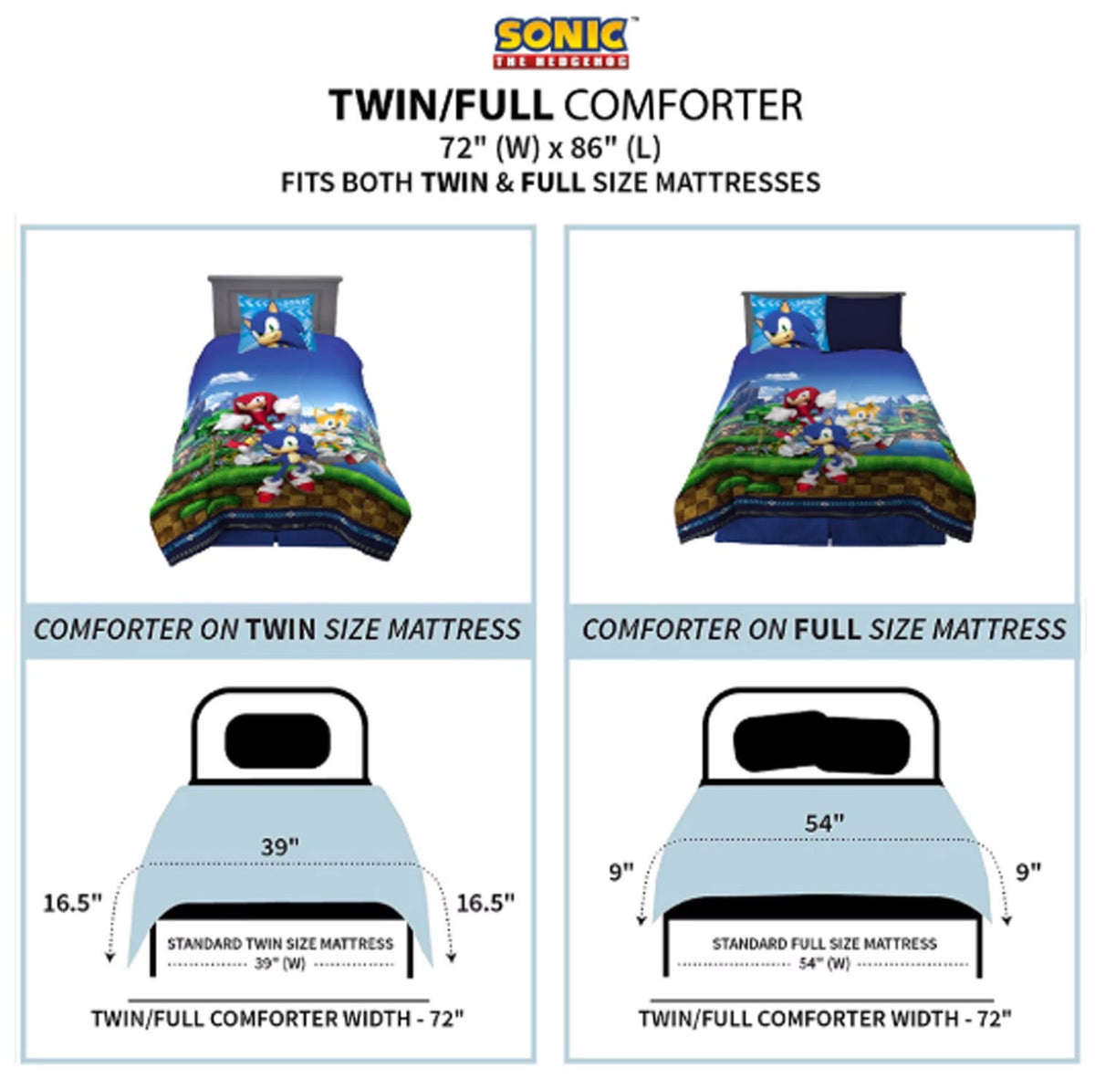 Franco Kids Sonic The Hedgehog 2-Piece Twin/Full Comforter and Pillow Sham Set