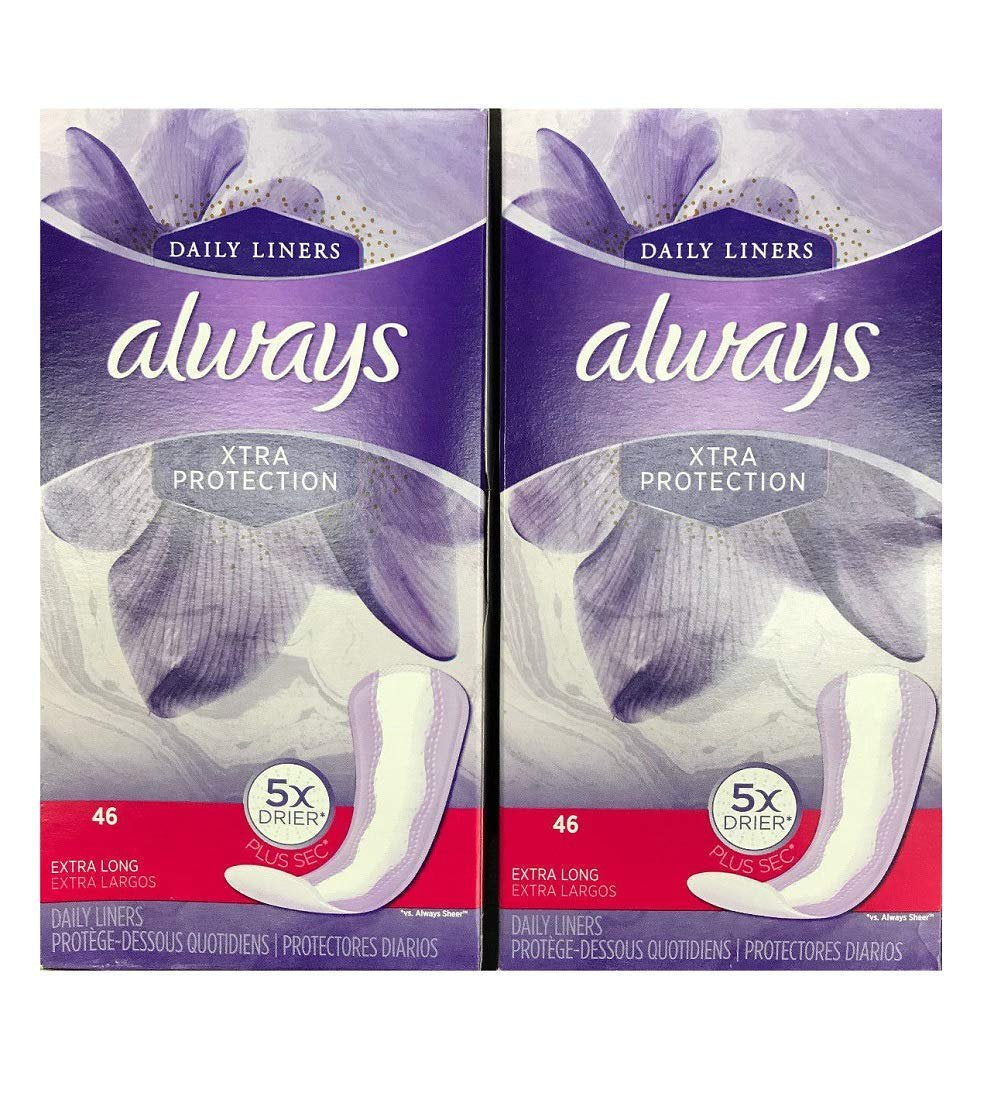 ALWAYS Daily Liners Xtra Protection 5X Drier Plus sec, Extra Long, 46 Count (Pack of 4)