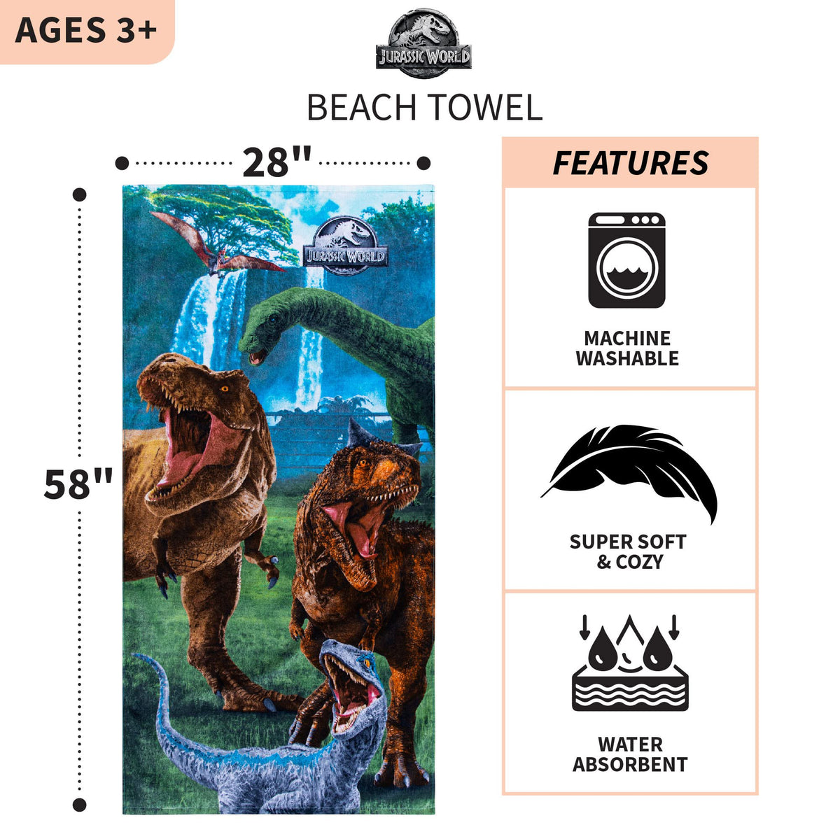 Jurassic World Dominion Blue Velociraptor and Rexy T-Rex Cotton Bath/Pool/Beach Towel, 28" x 58"