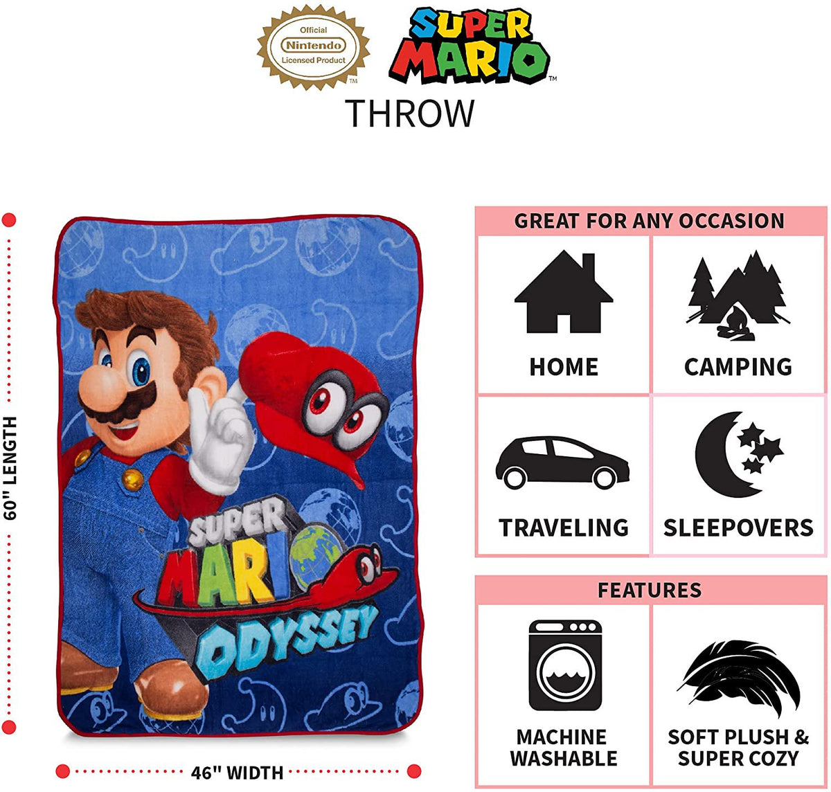 Franco  Super Mario Soft Plush Microfiber Throw, 46" x 60"