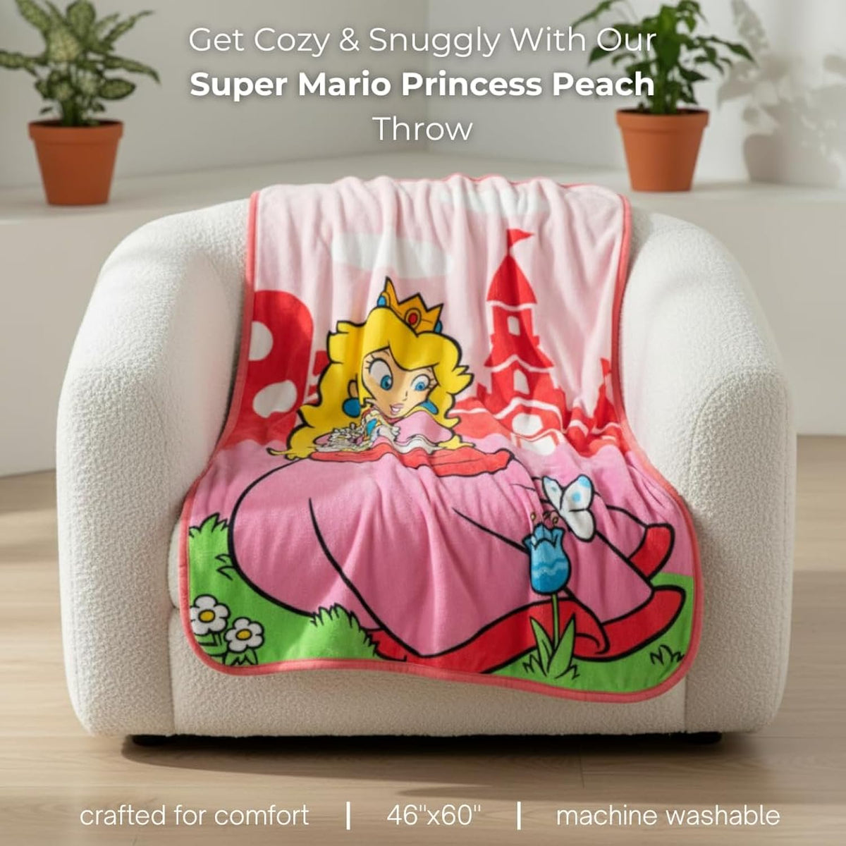 Franco Super Mario Girl Princess Peach Plush Throw Blanket, 46 in x 60 in