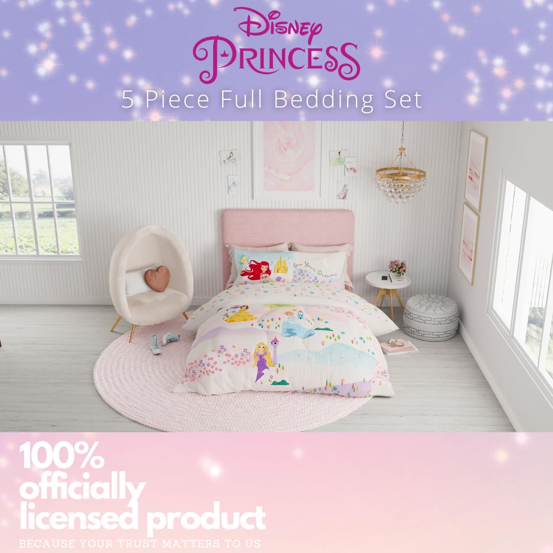 Disney Princess Kids Bedding Full Comforter and Sheets, 5 Piece Set