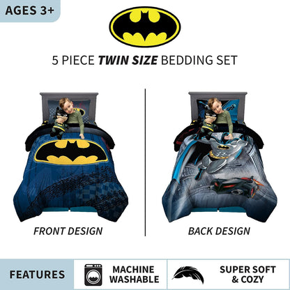 Franco Kids Batman 5 Piece Twin Size Comforter with Sheets and Cuddle Pillow Bedroom Set