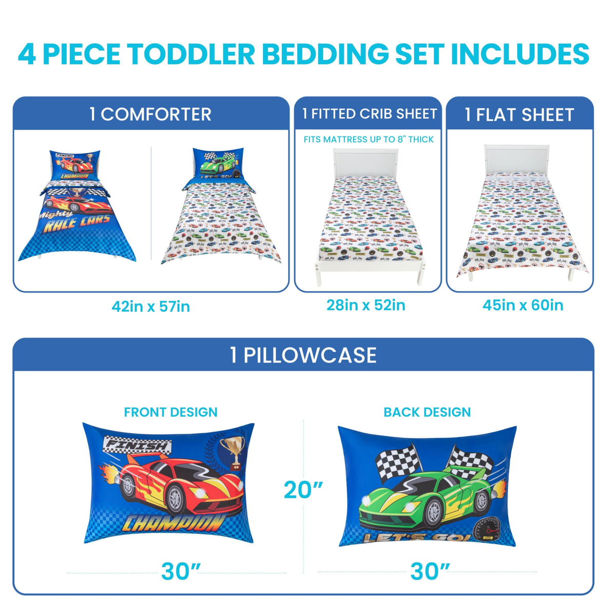 Todays Kids Monster Trucks Toddler Bedding Set for Boys - 4-Piece Toddler Bed Comforter Sets for Boys, Reversible Comforter & Pillowcase, Flat Sheet, Fitted Sheet, Breathable & Super Soft Microfiber
