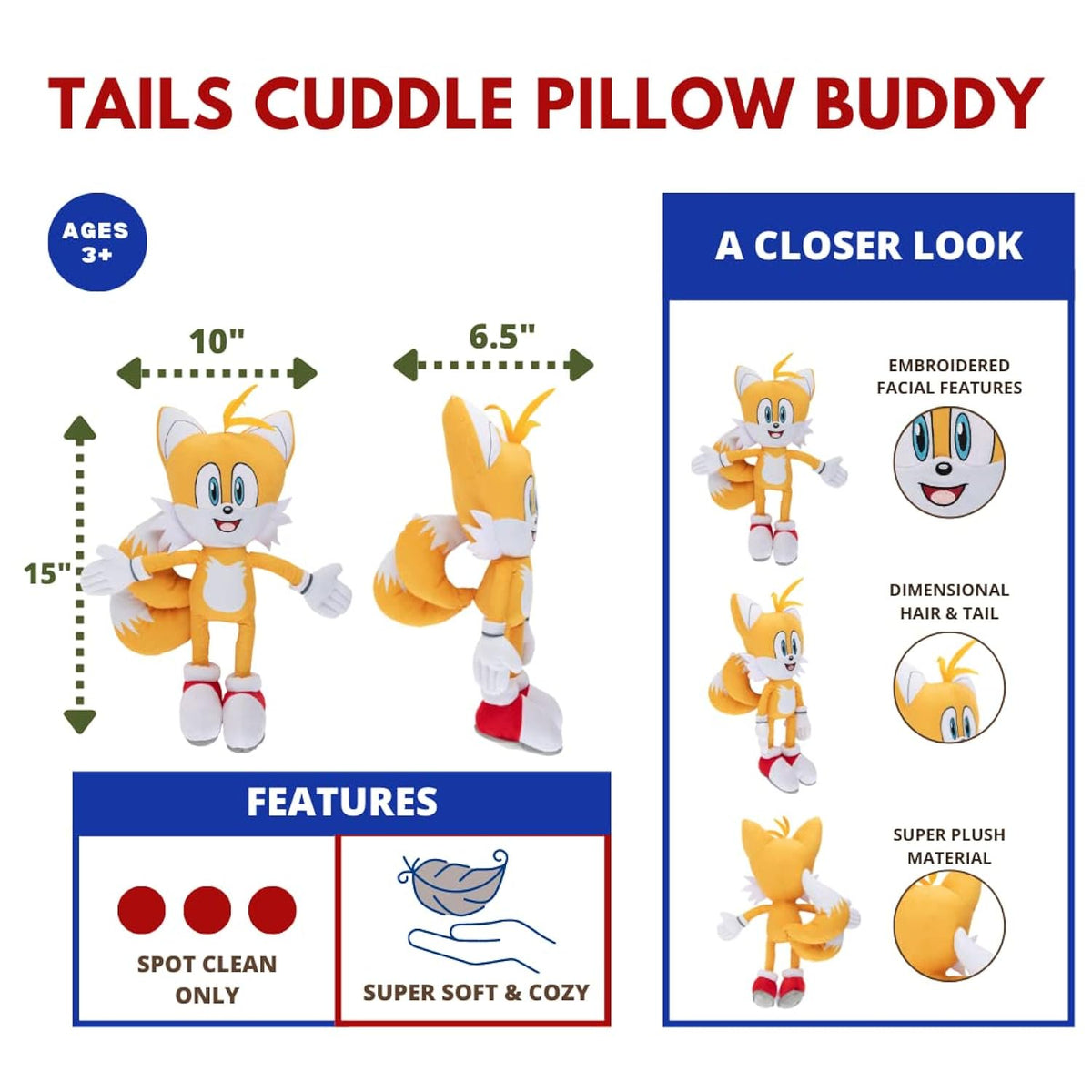Franco Sonic The Hedgehog Tails, Anime, Super Soft Plush Kids Cuddle Pillow Buddy