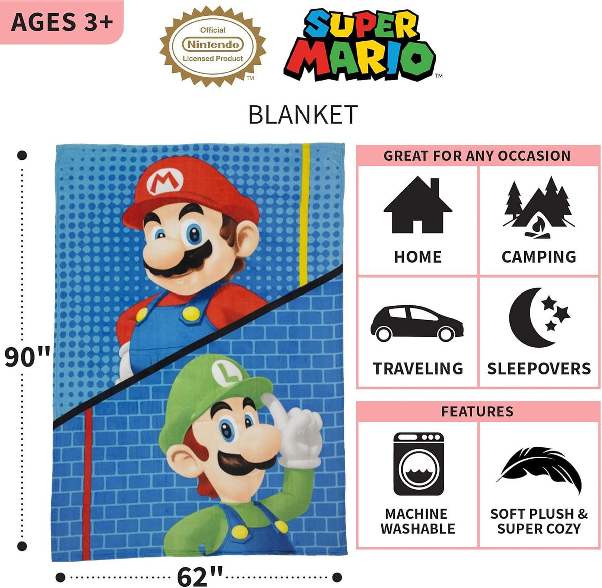Franco Kids Bedding Super Mario Plush Micro Raschel Twin Size Blanket, 62 in x 90 in