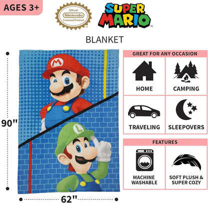 Franco Kids Bedding Super Mario Plush Micro Raschel Twin Size Blanket, 62 in x 90 in