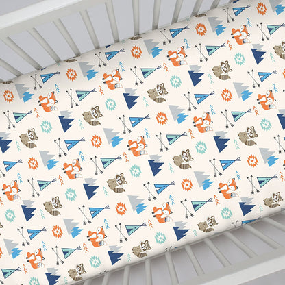NoJo Aztec Mix & Match 100% Cotton Grey/Fox Fitted Crib Sheet, Navy, Orange, Aqua, Ivory