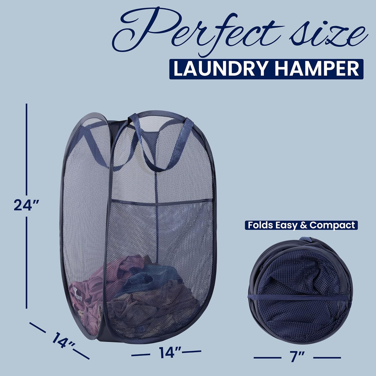 Todays Kids Collapsible Mesh Pop-Up Laundry Hamper - Foldable Laundry Basket with Breathable Mesh, Reinforced Handles and Side Pocket