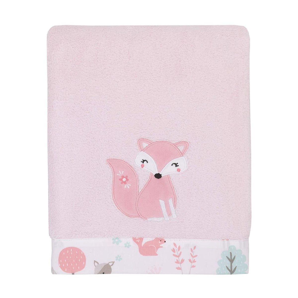 NoJo Sweet Forest Friends Super Soft Appliqued Fox Baby Blanket - 30" x 40" Pink, Aqua, Grey and White