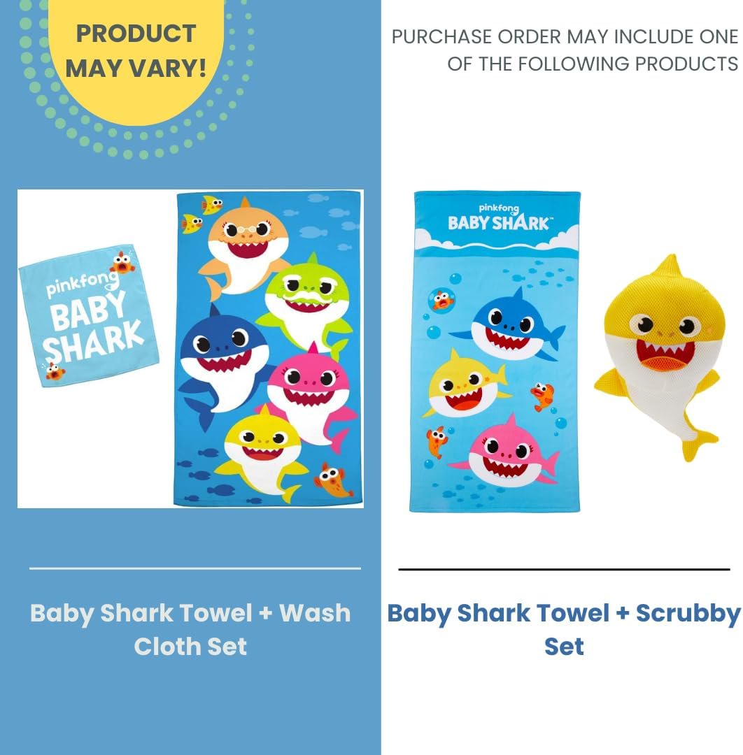 Franco Kids Baby Shark Bath & Beach Soft Cotton Terry Towel & Washcloth Set, 25" x 50"