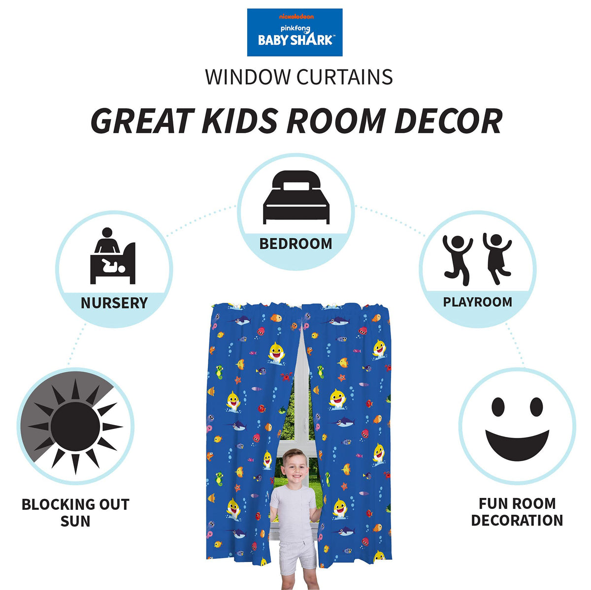 Franco Kids Baby Shark Room Window Curtains Drapes Set, 82 in x 63 in