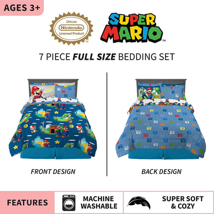 Franco Kids Bedding Super Soft Comforter and Sheet Set with Sham, 7 Piece Full Size, Mario